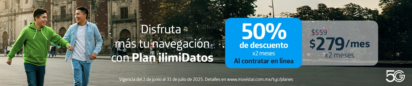 Disfruta más tu navegación con el Plan Ilimitado, 50% de descuento por dos meses. Contrata en línea a $279 MXN al mes durante dos meses
