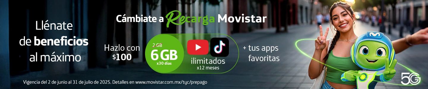 Cámbiate a Recarga Movistar y disfruta de increíbles beneficios con $100 MXN: 6GB, YouTube y TikTok ilimitado por 12 meses, ¡y mucho más!