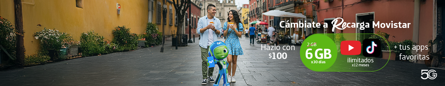 Cámbiate a Recarga Movistar. Hazlo con $100 obtén, 6 GB por 30 días, YouTube y TikTok ilimitados por 12 meses + apps favoritas