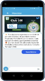 Smartphone mostrando un mensaje de invitación a Club 10 Movistar